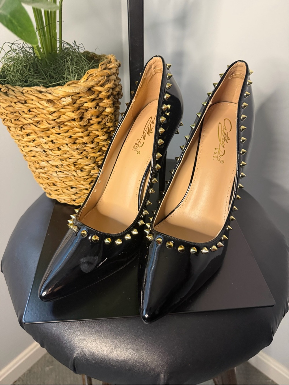 Black Patent Pointed-Toe Studded Heels